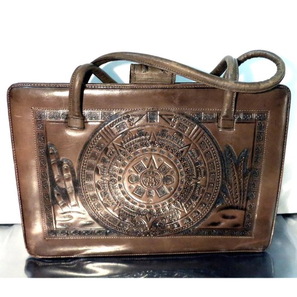 Vintage Hand Tooled Brown Leather / Calf Skin Purse Handbag, Mexico - Picture 5 of 9
